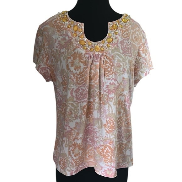Ruby Rd Pink/Orange Floral Top with Beaded Neckline Size Large - Picture 1 of 8